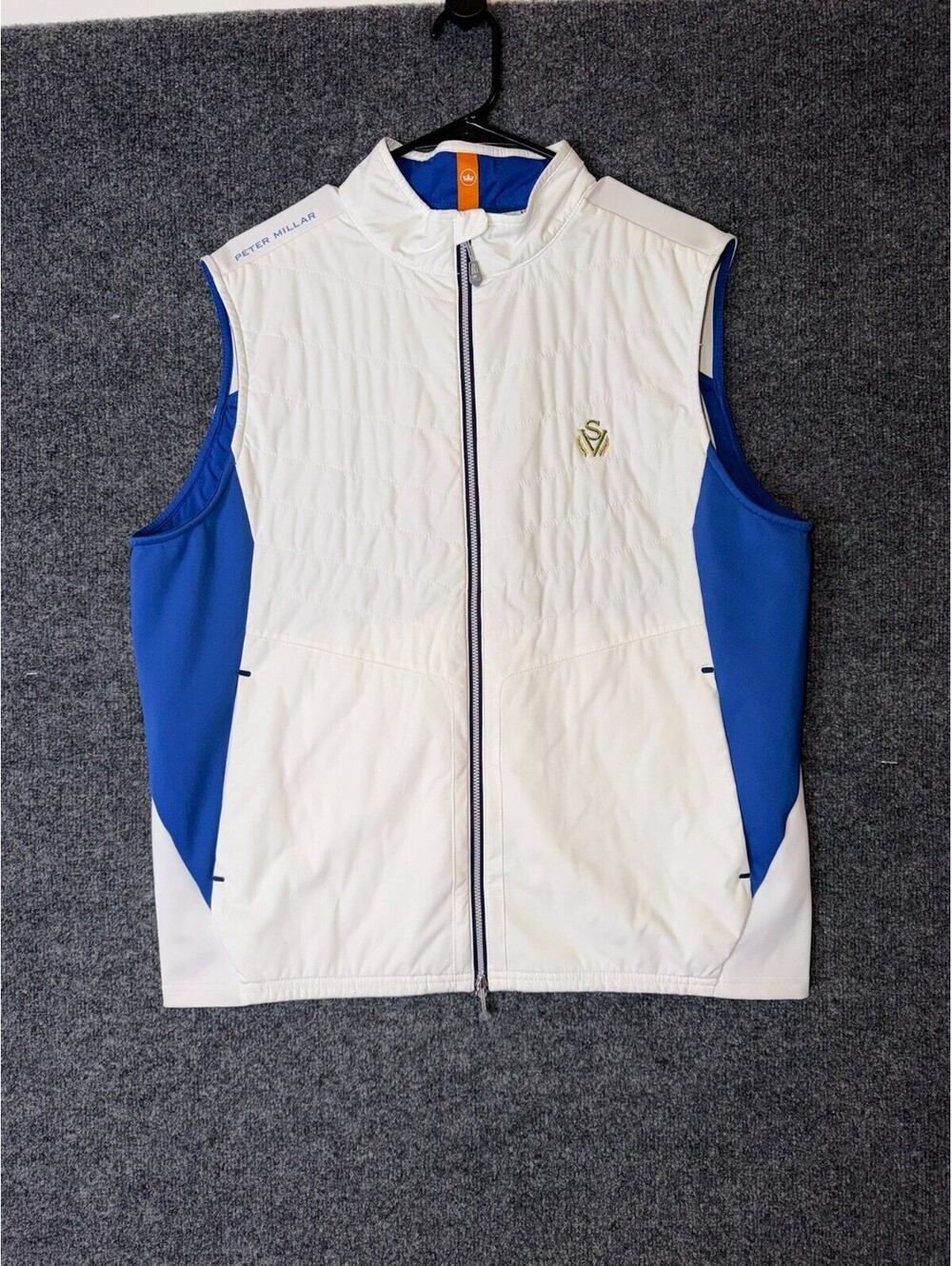Peter Millar Mens Large Crown Sport Full Zip Golf Vest White Blue Quilted Puffer